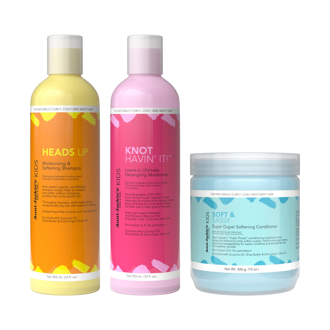 Aunt Jackie's Kids Wash Day Pack: Heads Up shampoo, Soft & Sassy conditioner and Knot Havin' It! leave-in detangler