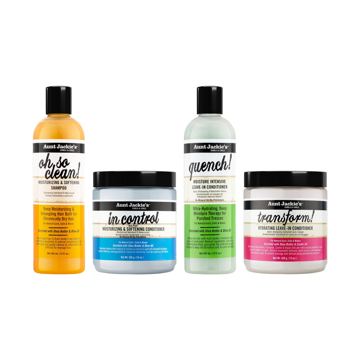 Aunt Jackie's Wash Day Starter Pack: Oh So Clean shampoo, In Control conditioner, Quench and Transform leave-ins